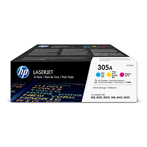 HP 305A (CF370AM) Cyan, Magenta & Yellow Original Toner Cartridges, 3 Cartridges (CE411A, CE412A, CE413A) for HP LaserJet Pro 400 Color MFP M451nw M451dn M451dw, Pro 300 Color MFP M375nw