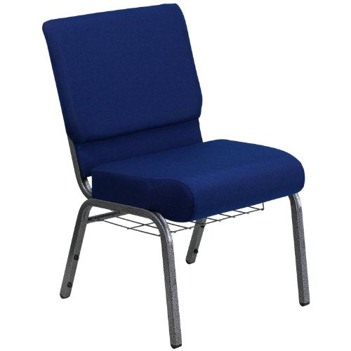Flash Furniture 4 Pack HERCULES Series Church Chair Navy Blue Fabric Cup Book Rack Silver Vein Frame