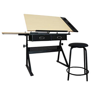 SUFUBAI Drawing Table Desk, Adjustable Drafting Table Draft Desk Tiltable Tabletop Craft Desk with Storage and Stool