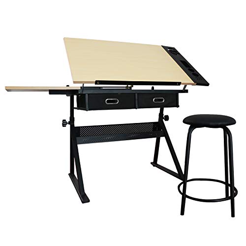 Zebery Adjustable Height Drafting Desk Drawing Table Tiltable Tabletop for Reading, Writing Art Craft w/Stool and Drawers