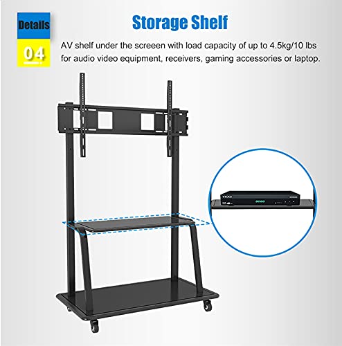 YokIma Mobile TV Stand with Wheels, Fits 43-75 Inch TV, Adjustable Height, Av Shelf, Black Heavy Duty Mount Stand