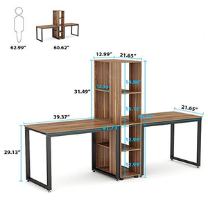 Tribesigns 91 Inches Two Person Computer Desk with Shelves, Extra Large Double Workstations Office Desk with Storage for Home Office (Dark Walnut)