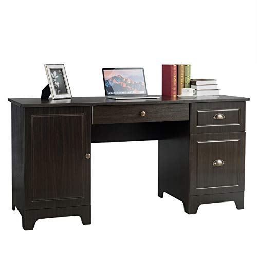 Tangkula Computer Desk with Drawers & Cabinet, Wooden Executive Desk Home Office Desk, Writing Study Desk Computer Workstation, PC Laptop Desk for Bedroom & Office (Brown)