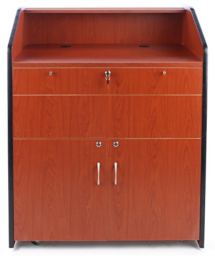 Displays2go Heavy Duty Podium Presentation Stand, Locking Drawer and Cabinet, Hidden Wheels (LMMD40DC)
