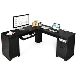 Tangkula L-Shaped Desk, 66" × 66" Corner Computer Desk with Drawers and Storage Shelf, Home Office Desk, Sturdy and Space-Saving Writing Table, Black