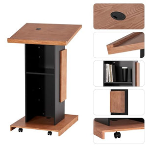 VLOJELRY Portable Podium Stand on Wheels - Mobile Wooden Pulpit with Wire Holes and Storage