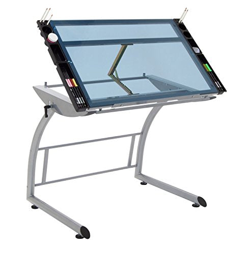 Offex Home Triflex Drawing Table, Sit to Stand Up Desk, Silver/Blue Glass