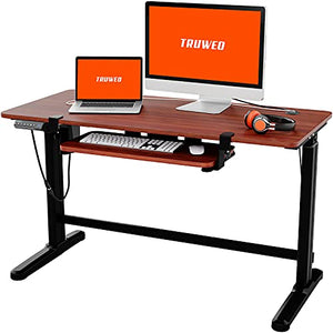 Truweo Adjustable Electric Standing Desk – 50 x 23.6 inches Sit to Stand Office Desk with Cable and Sliding Keyboard Tray – 3 Controlled Memory Height Settings – Anti-Scratch Surface – Brown