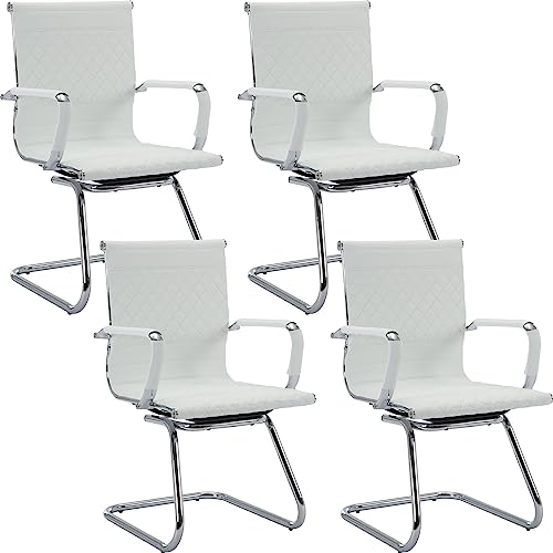BESTANO Office Guest Chairs Set of 4 - Mid Back Modern PU Leather Desk Chairs, White