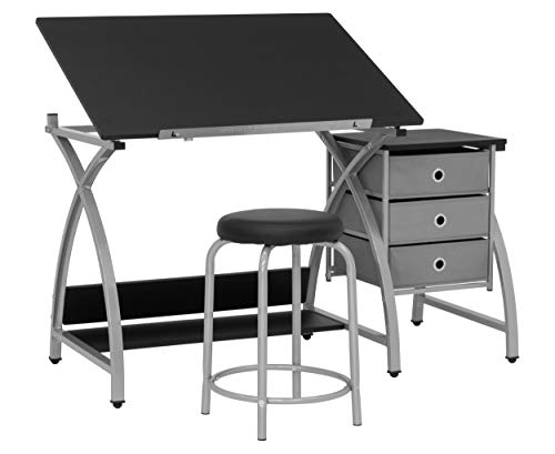 2 Piece Comet Art, Hobby, Drawing, Drafting, Craft Table with 36"W x 23.75"D Angle Adjustable Top and Stool in Silver/Black, Assembled Dimensions: 50" W x x 29.5" H