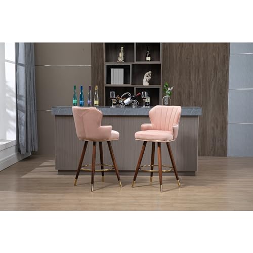 Ergonomic Polyester Bar Stools Set with Footrest and Arm - Pink Wood Finish