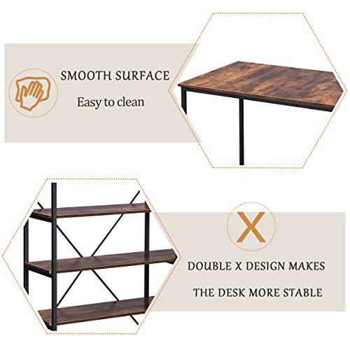 54" Large Home Office Computer Desk with 5-Tier Shelves, Office Desk Study Table with Bookcase, Writing Desk Workstation with Hutch Bookshelf (Brown)