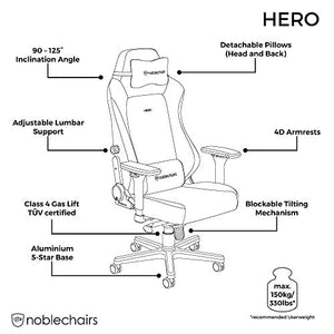 noblechairs Hero Gaming Chair - Office Chair - Desk Chair - Real Leather - 330 lbs - 125° Reclinable - Lumbar Support - Racing Seat Design - Black
