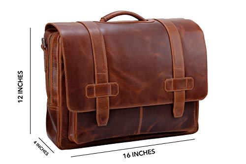 Mens Leather Messenger Bag, Briefcase, LOGAN, Leather Laptop bag fits 15.4 inch Laptop, Adjustable Strap, 16 inch by 12 inch by 4 inch (Tan) by Ladderback