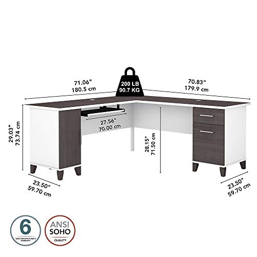 Bush Furniture Somerset 72W L Shaped Desk with Storage in White/Storm Gray