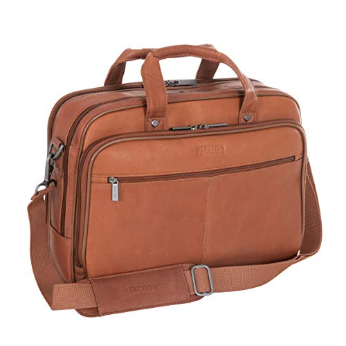 Kenneth Cole Reaction Resolute Men's Briefcase Full-Grain Colombian Leather 16" Laptop Portfolio Messenger Bag, Cognac, One Size
