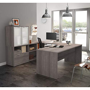 Bestar i3 Plus U-Shaped Executive Desk with Frosted Glass Doors Hutch, 72W, Bark Grey