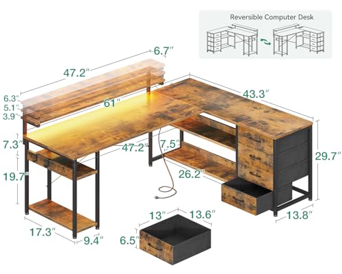 AODK 61" L Shaped Desk with Drawer, Power Outlets & LED Lights, Reversible Corner Gaming Desk
