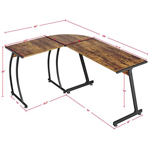YAHEETECH L Shaped Corner Desk，Office Corner Desk, Round Corner Computer Desk, Large PC Laptop Workstation Table, Home Office Furniture, Rustic Brown