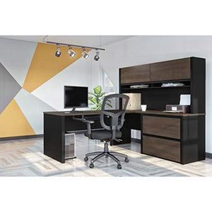 Bestar L-Shaped Desk with Hutch, Lateral File Cabinet, 72W, Antigua & Black