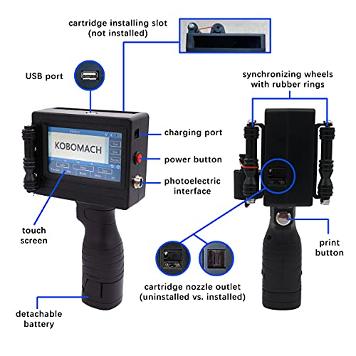 KOBOMACH Portable Handheld Inkjet Printer Gun with Detailed English Manual for Multi-Function to Quick-Dry Print (Bar Code QR Code Label Picture Date) on (PVC PET Wood Cloth Glass Metal)