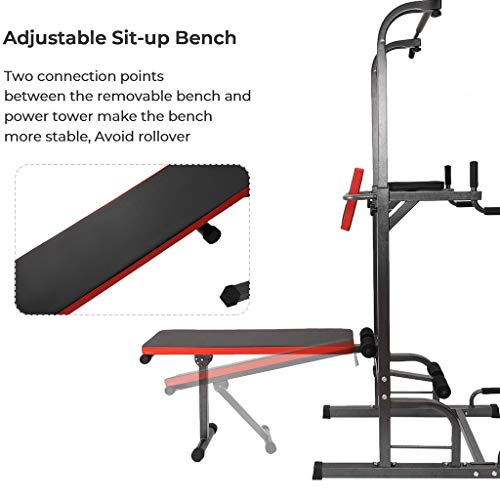2021 Upgrade Power Tower Dip Station with Bench, Pull Up Bar Dip Station, Height Adjustable Pull Up Tower for Home Gym Strength Training Exercise Workout Equipment, 660lbs MAX Weight Capacity