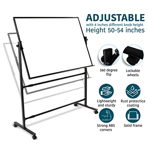 CORAV Mobile Whiteboard 70x36" - Rolling Dry Erase Board with White 360° Flippable, Double Sided Surface - Magnetic Whiteboard with Lockable Wheels - Height-Adjustable Classroom & Office Supplies