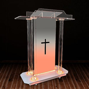 Mecpramy Transparent LED Church Pulpit with Hollow Cross Design, 46" Lectern for Churches, Classroom, Weddings