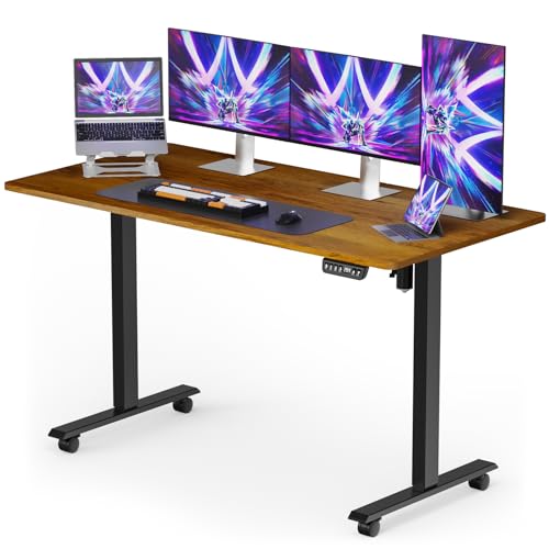 Crenova Height Adjustable Electric Standing Desk, 55x28 Inches, Lockable Wheels, Memory Function, Vintage Brown