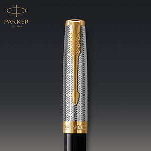 PARKER Sonnet Fountain Pen | Premium Metal and Black Gloss Finish with Gold Trim | Fine 18k Gold Nib with Black Ink Cartridge | Gift Box