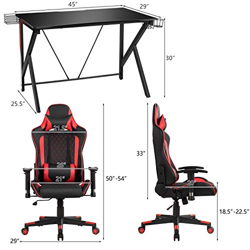 Tangkula Gaming Desk and Gaming Chair Combo Set, Computer Desk and Racing Office Chair Set w/Cup Holder, Earphone Hook, Lumbar Massage and Headrest, Home Office Furniture Set (Red)