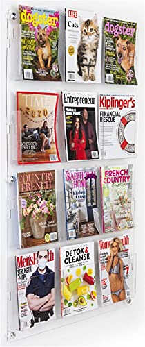 Displays2go Acrylic Wall-Mount Brochure Rack, 4-Tiered, 12-24 Adjustable Pockets - Clear