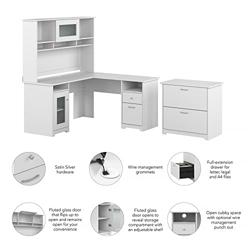 Bush Furniture Cabot 60" L-Shaped Computer Desk with Hutch, File Cabinet - White (CAB005WHN)