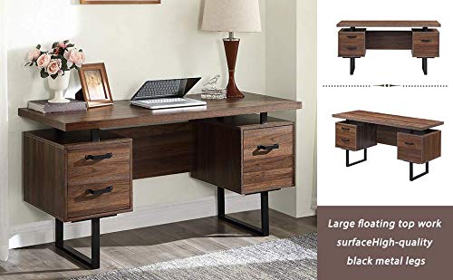 Computer Desk with 3 Drawers, 59 inch Modern Study Writing Desk Workstation with Metal Legs, Home Office Desk Work Table for PC Laptop Notebook, Walnut