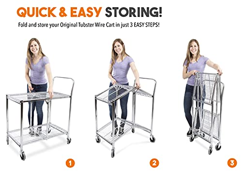 Stand Steady Tubstr Collapsible 2 Shelf Wire Cart, Heavy Duty Rolling Utility Cart, Holds 200 Pounds, Commercial Grade (Chrome, 33.75in x 19.5in x 39.5in)