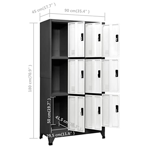 GOLINPEILO Metal Locker Storage Cabinet with 9 Lockable Doors, Anthracite and White Steel Organizer 35.4"x17.7"x70.9
