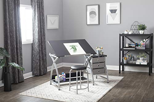 2 Piece Comet Art, Hobby, Drawing, Drafting, Craft Table with 36"W x 23.75"D Angle Adjustable Top and Stool in Silver/Black, Assembled Dimensions: 50" W x x 29.5" H