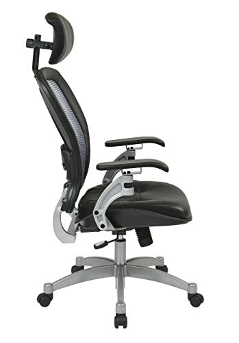 SPACE Seating Light AirGrid Back and Leather Seat, 2-to-1 Synchro Tilt Control, Adjustable Lumbar and Platinum Finish Base Executives Chair with Adjustable Headrest, Black