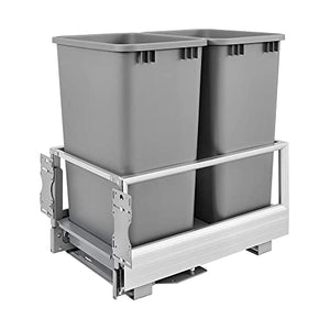 Rev-A-Shelf 5149 15.75 Inch Double 50 Quart Kitchen Cabinet Pull Out Waste Container Storage with 2 Trash Cans and Wire Basket, Silver