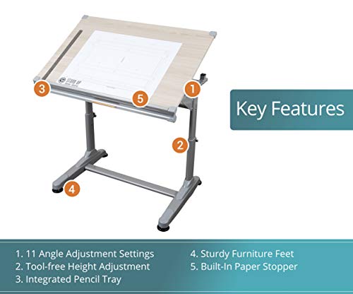S Stand Up Desk Store Adjustable Height and Angle Drafting Table Drawing Desk (Silver Frame/Birch Top, 40" W X 26" D)