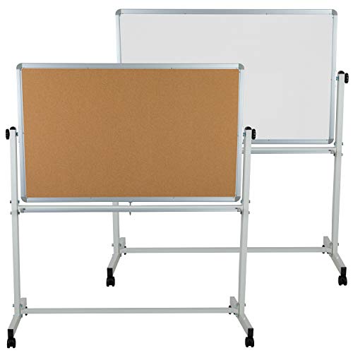 Flash Furniture HERCULES Series 53"W x 59"H Reversible Mobile Cork Bulletin Board and White Board with Pen Tray