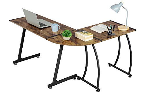 YAHEETECH L Shaped Corner Desk，Office Corner Desk, Round Corner Computer Desk, Large PC Laptop Workstation Table, Home Office Furniture, Rustic Brown