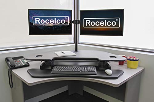 Rocelco 46" Height Adjustable Corner Standing Desk Converter with Dual Monitor Arm Bundle - Quick Sit Stand Up Computer Workstation Riser - Extra Large Keyboard Tray - Black (R CADRB-46-DM2)