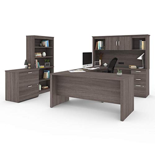 Bestar Logan U-Shaped Desk with Hutch, Lateral File Cabinet, and Bookcase in Bark Grey, 66W