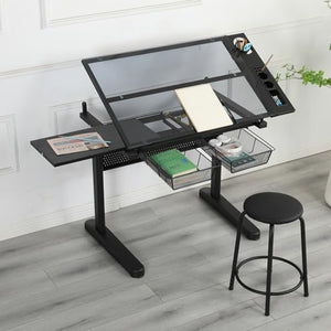AUTIGERSAFE Drafting Table with Glass Top, Height Adjustable, Tilting Desk, 2 Drawers, Stool - Home Office Art Station