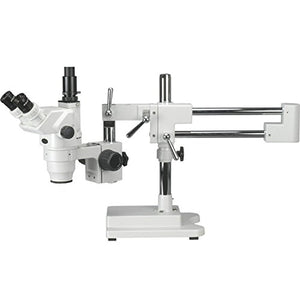 AmScope ZM-4TW3 Professional Trinocular Stereo Zoom Microscope, EW10x and EW25x Eyepieces, 2X-225X Magnification, 0.67X-4.5X Zoom Objective, Ambient Lighting, Double-Arm Boom Stand, Includes 0.3x and 2.0x Barlow Lenses