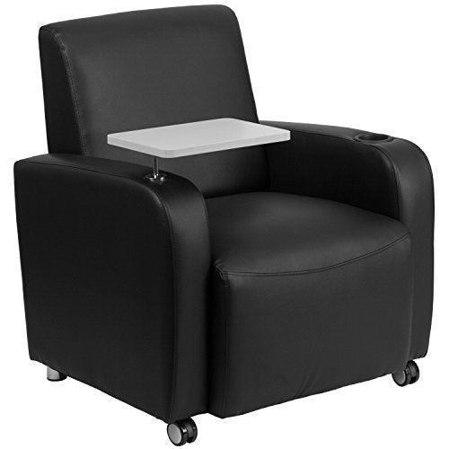 Flash Furniture Black Leather Guest Chair with Tablet Arm, Front Wheel Casters and Cup Holder