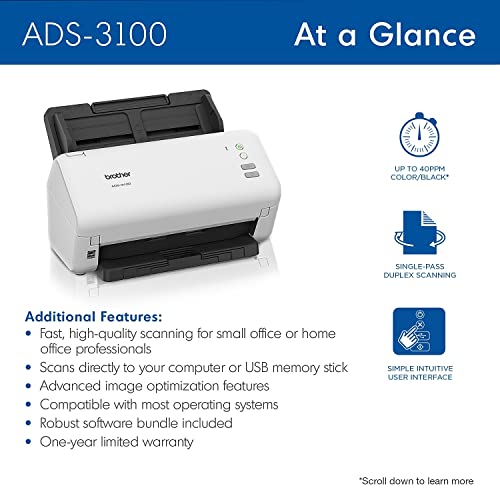 Brother ADS-3100 High-Speed Desktop Scanner | Compact 40ppm Scanning