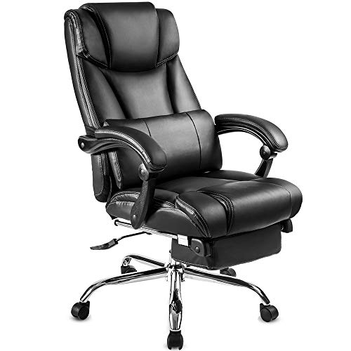Ergonomic Office Chair,Executive Chair 400 lb Big & High Back Capacity Home Office Chair,Adjustable Recliner Leather Office Chair,Retractable Footrest Rolling Swivel with Black Lumbar Pillow Thick