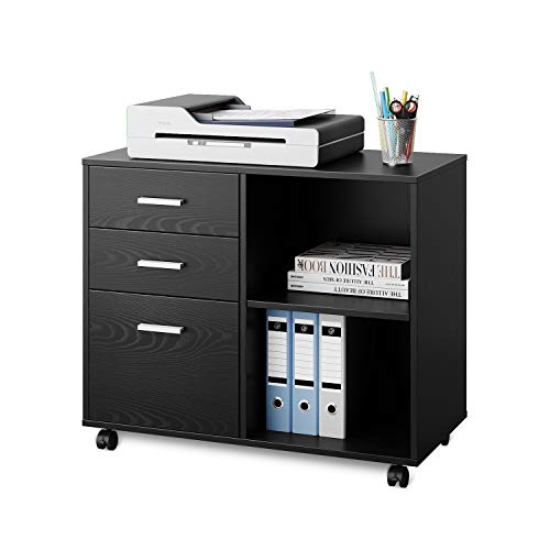 DEVAISE 3-Drawer Wood File Cabinet, Mobile Lateral Filing Cabinet, Printer Stand with Open Storage Shelves for Home Office, Black